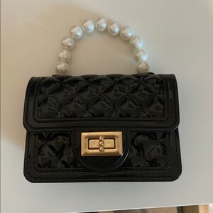 Black Quilted Mini Bag with Pearl Handle